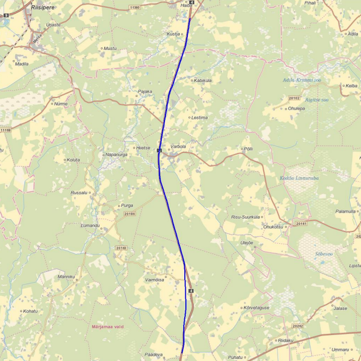 Projekteeritava lõigu Kernu-Päädeva asukoht. Alus Maa-amet, 2023_0.png